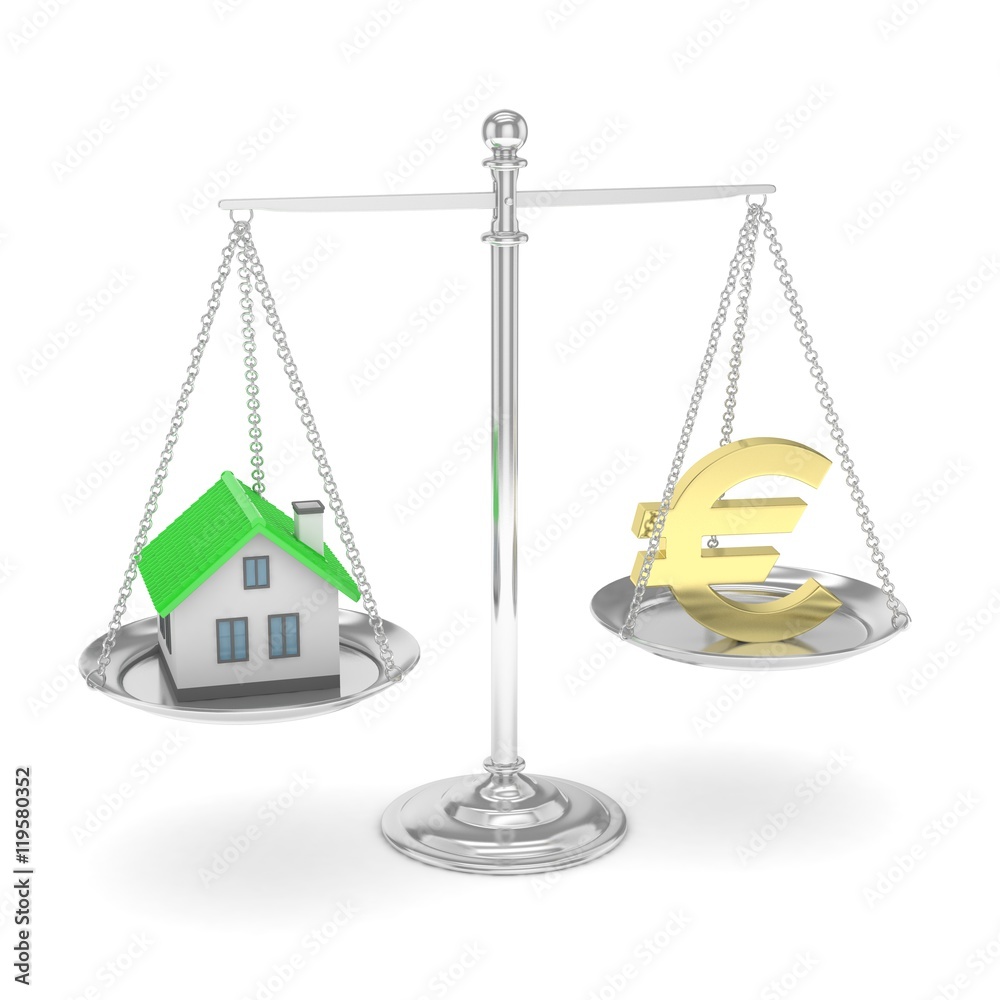 Isolated silver scales with golden euro and house on white background. Investment or savings concept. Real estate and currency. 3D rendering. Isolated silver scales with golden euro and house on white background. Investment or savings concept. Real estate and currency. 3D rendering.