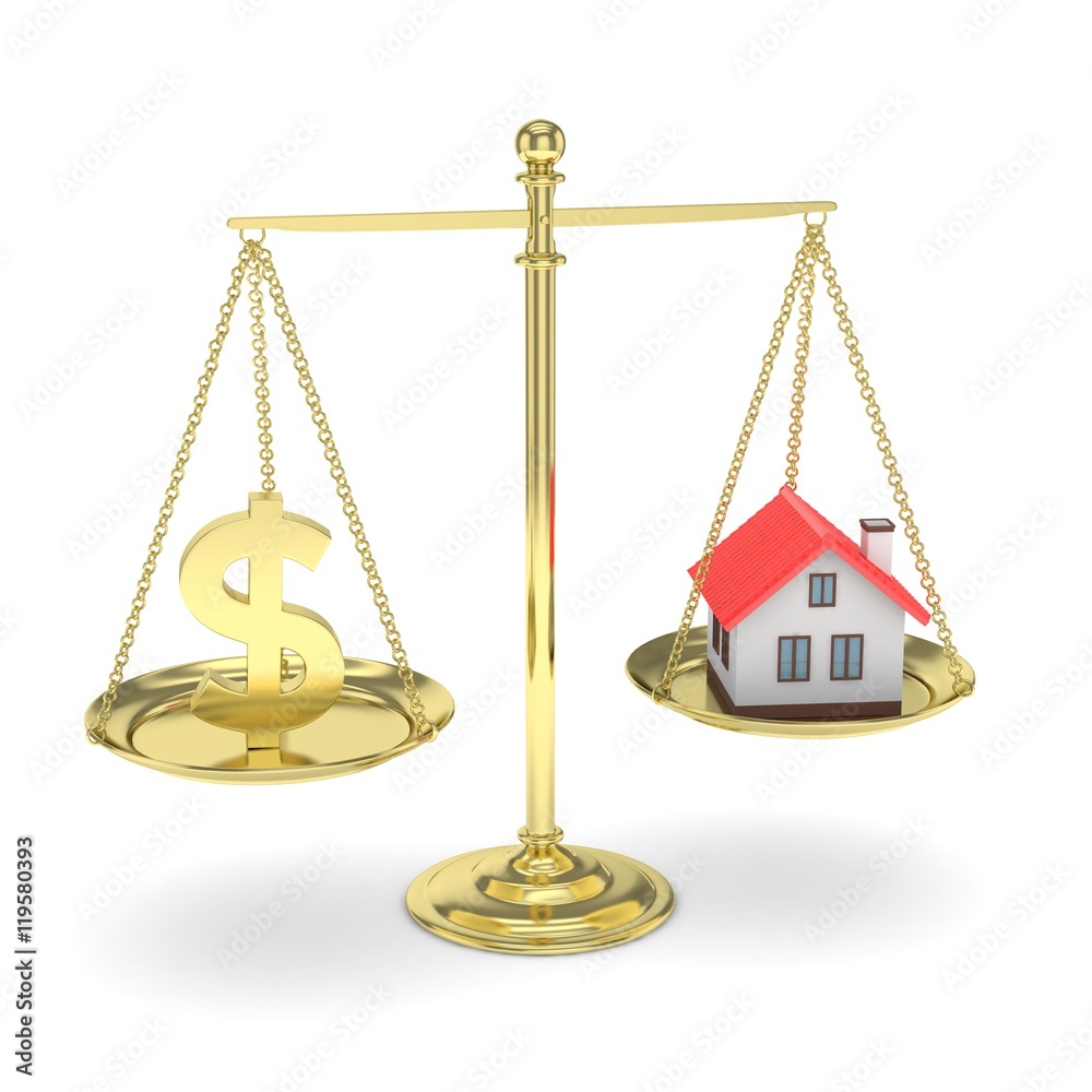 Isolated golden scales with golden dollar and house on white background. Investment or savings concept. Real estate and currency. 3D rendering. Isolated golden scales with golden dollar and house on white background. Investment or savings concept. Real estate and currency. 3D rendering.