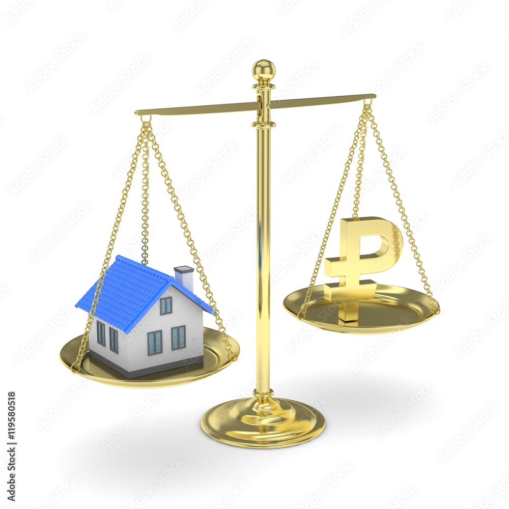 Isolated old fashioned pan scale with ruble and house on white background. Real estate vs russian currency. Affordable house. 3D rendering. Isolated old fashioned pan scale with ruble and house on white background. Real estate vs russian currency. Affordable house. 3D rendering.