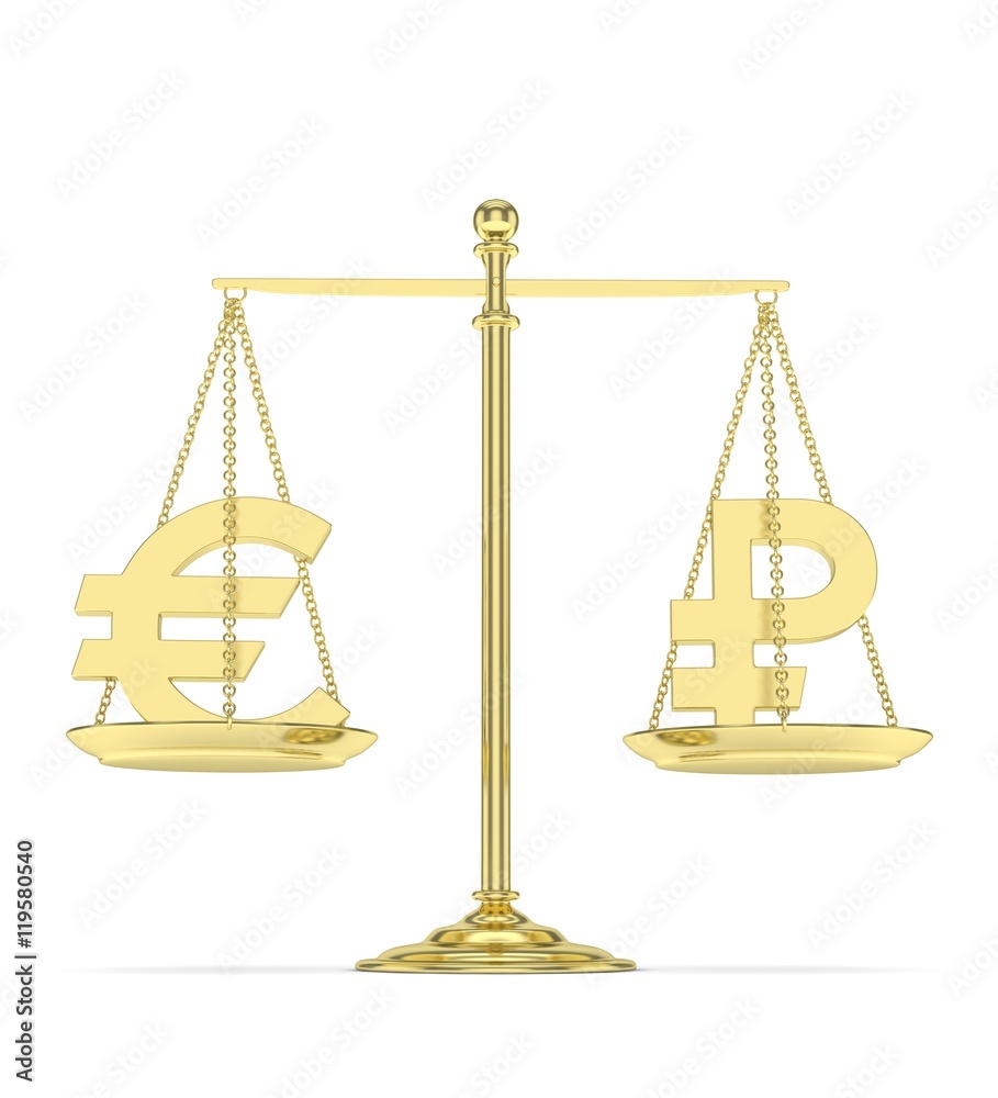 Isolated golden scales with golden euro and ruble currency. Russian and european finance. Measuring of market stability. 3D rendering. Isolated golden scales with golden euro and ruble currency. Russian and european finance. Measuring of market stability. 3D rendering.