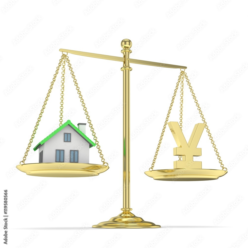 Isolated golden scales with golden yuan and house on white background. Investment or savings concept. Real estate and currency. 3D rendering. Isolated golden scales with golden yuan and house on white background. Investment or savings concept. Real estate and currency. 3D rendering.