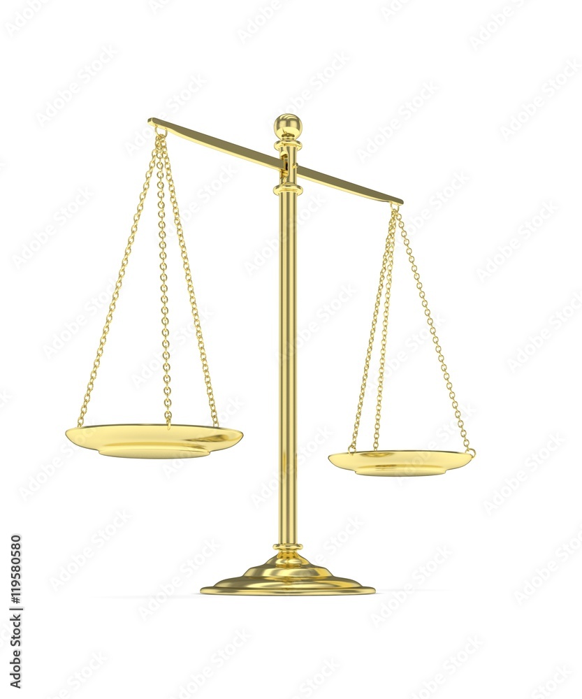 Isolated golden scales on white background. Symbol of judgement. Law, measurement, liberty in one concept. 3D rendering. Isolated golden scales on white background. Symbol of judgement. Law, measurement, liberty in one concept. 3D rendering.