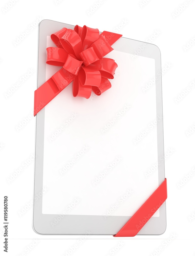 White tablet with red bow and empty screen. 3D rendering. White tablet with red bow and empty screen. 3D rendering.