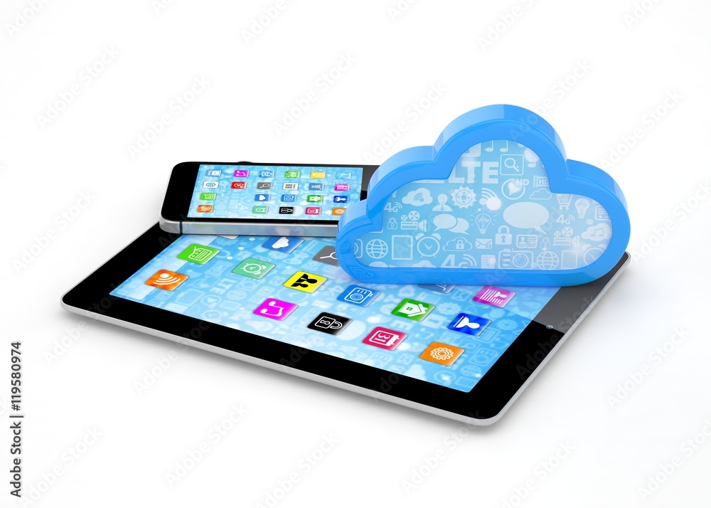 tablet pc, smart phone and cloud. 3d rendering. tablet pc, smart phone and cloud. 3d rendering.