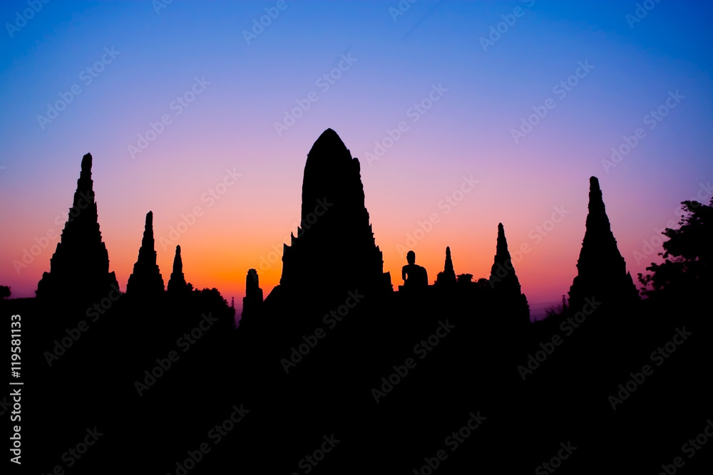 Silhouetted pagoda at Wat Chai Watthanaram in Ayutthaya, Thailand
