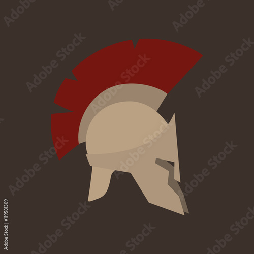 Antiques Roman or Greek Helmet Isolated, Helmet with a Dark Red Crest of Feathers or Horsehair with Slits for the Eyes and Mouth, Vector Illustration