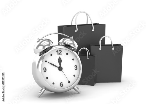 alarm clock and shopping bag (time to buy concept). 3d rendering.