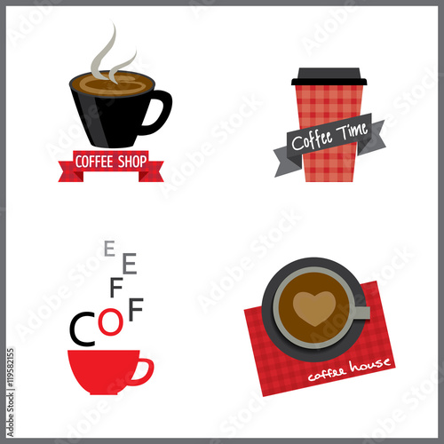 Coffee cafe shop design for logo, icon and symbol sign.Isolated illustration vector in black and red colors.