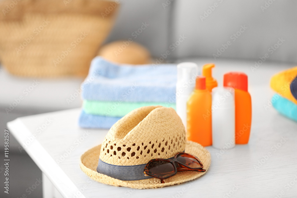 Sun protection cosmetics set on table in room Sun protection cosmetics set on table in room