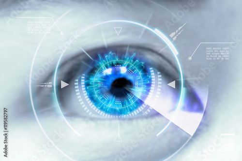 Close up eyes of technologies in the futuristic.   contact lens