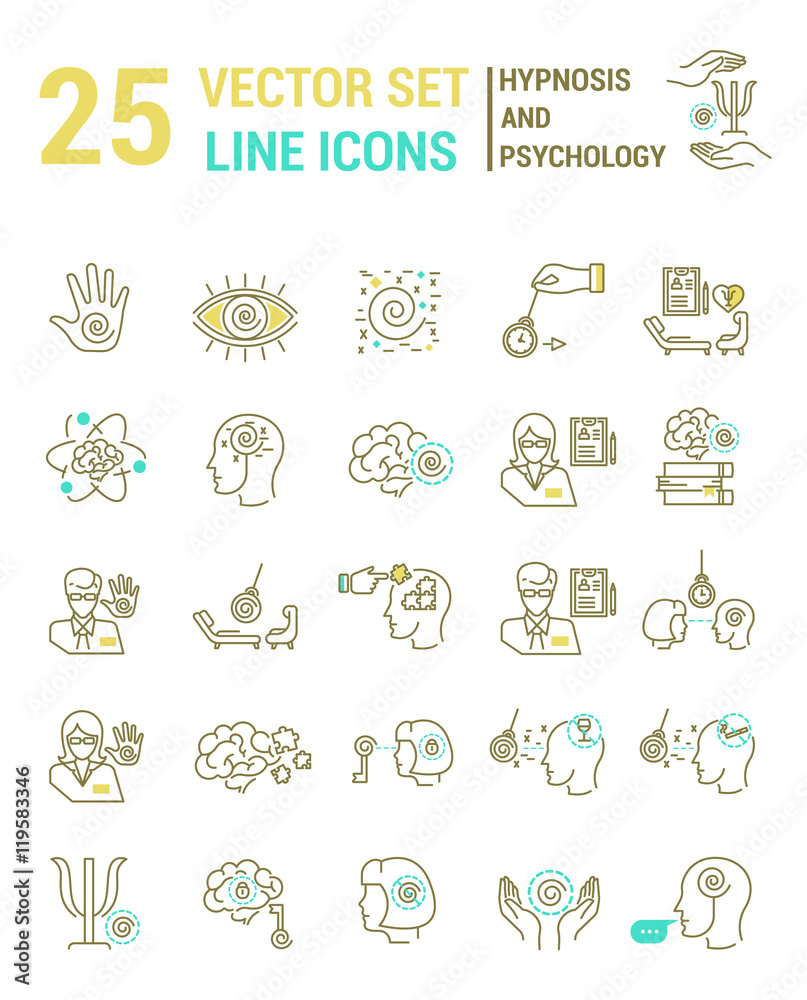 Set vector line icons in flat design with hypnosis and psychology elements for mobile concepts and web apps. Collection modern infographic logo and pictogram.