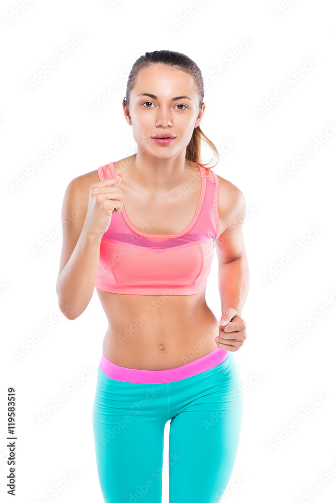 full length portrait of young fitness girl running isolated on w