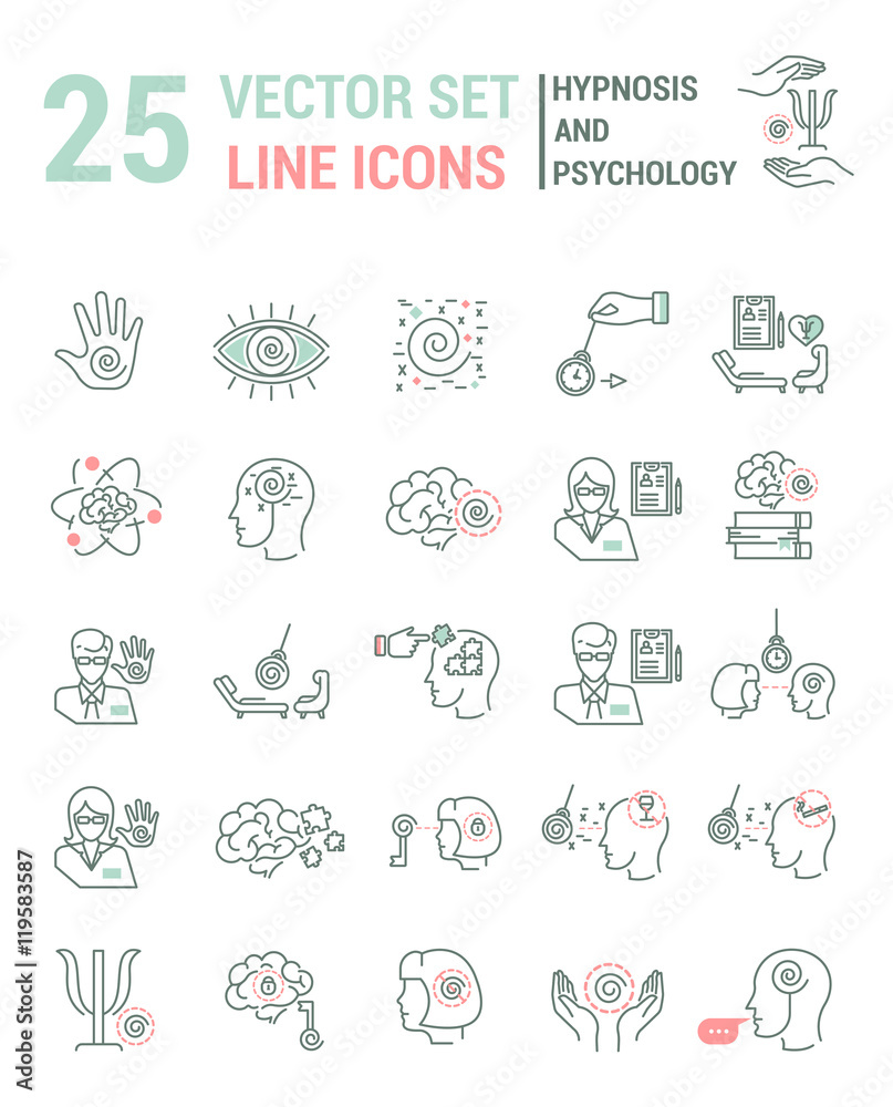 Set vector line icons in flat design with hypnosis and psychology elements for mobile concepts and web apps. Collection modern infographic logo and pictogram. Set vector line icons in flat design with hypnosis and psychology elements for mobile concepts and web apps. Collection modern infographic logo and pictogram.