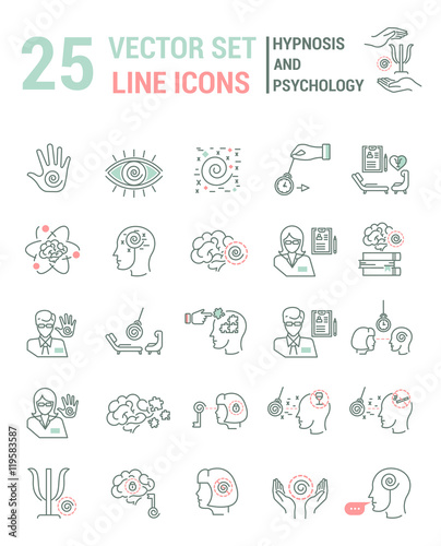 Set vector line icons in flat design with hypnosis and psychology elements for mobile concepts and web apps. Collection modern infographic logo and pictogram.