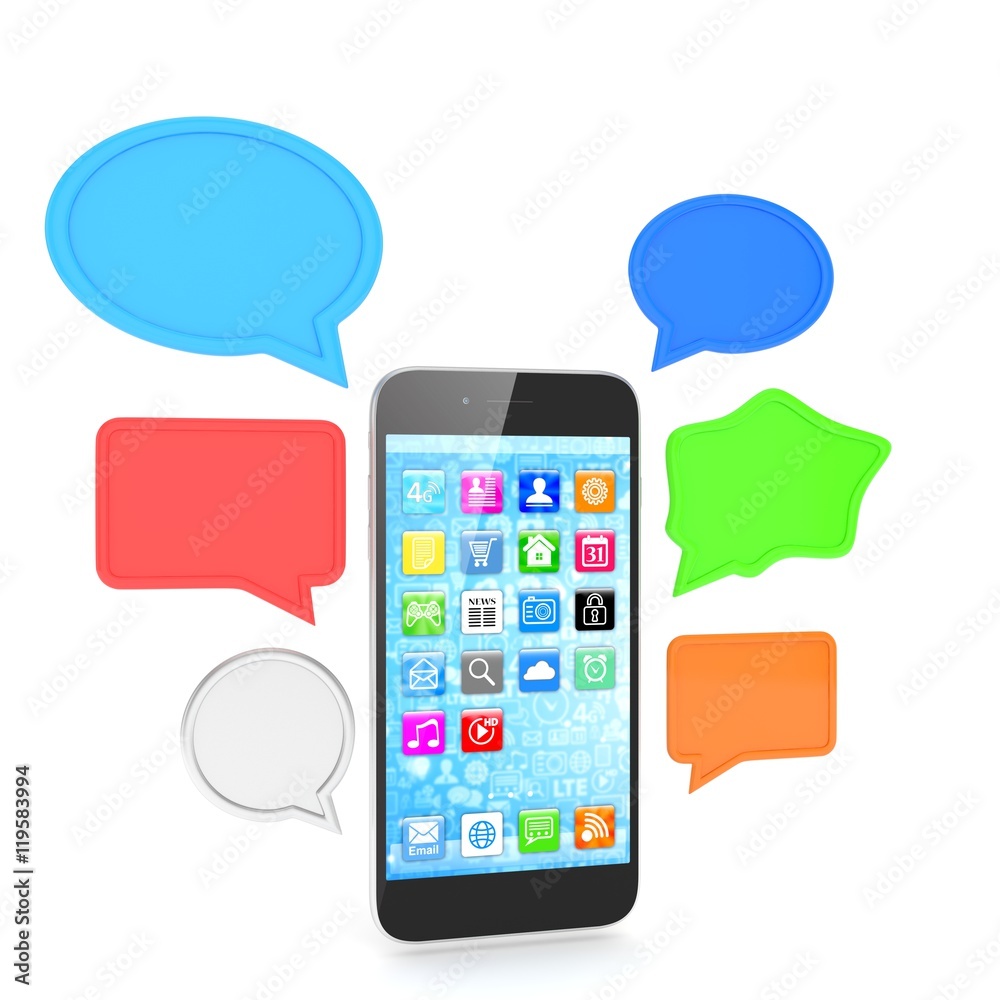 smartphone with bubbles isolated on white background. 3d rendering. smartphone with bubbles isolated on white background. 3d rendering.