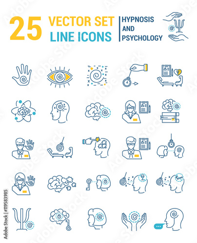 Set vector line icons in flat design with hypnosis and psychology elements for mobile concepts and web apps. Collection modern infographic logo and pictogram.