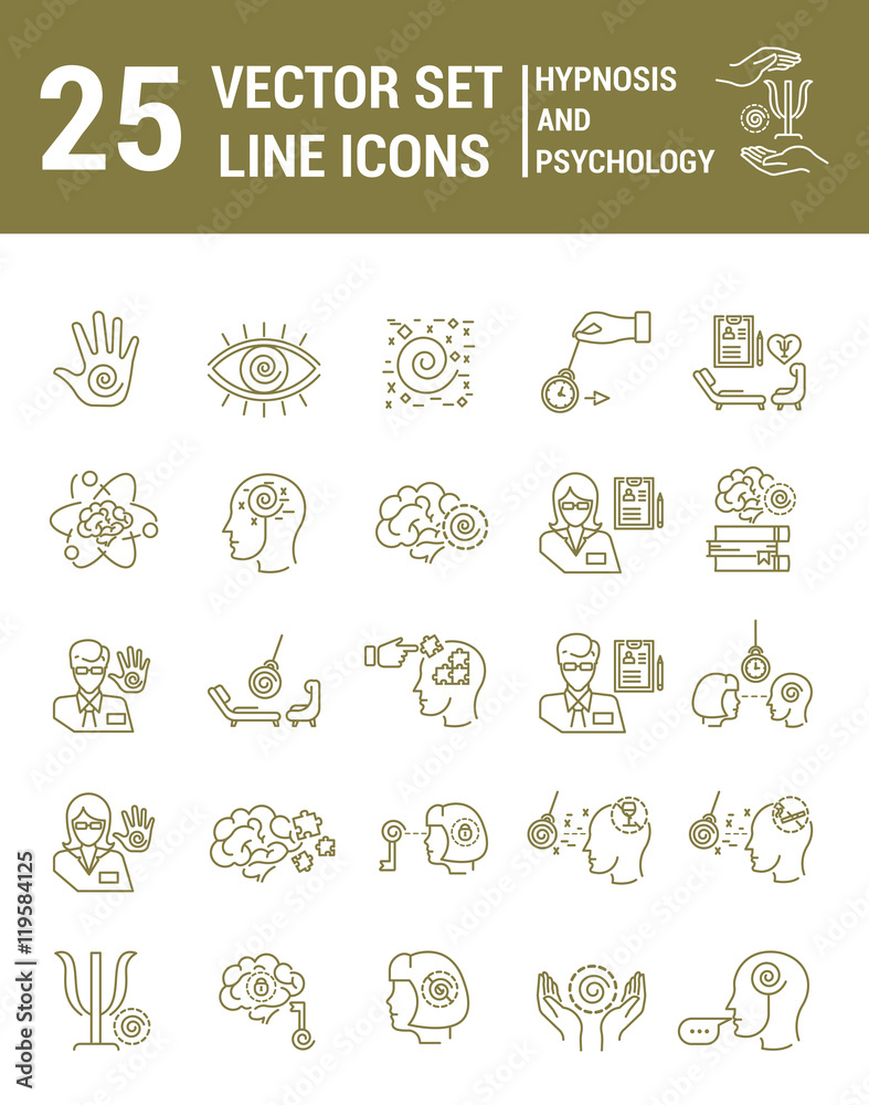 Set vector line icons in flat design with hypnosis and psychology elements for mobile concepts and web apps. Collection modern infographic logo and pictogram. Set vector line icons in flat design with hypnosis and psychology elements for mobile concepts and web apps. Collection modern infographic logo and pictogram.