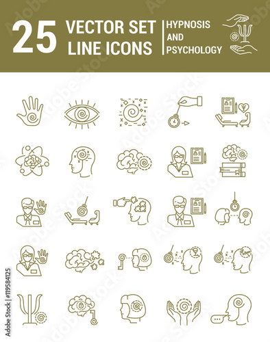 Set vector line icons in flat design with hypnosis and psychology elements for mobile concepts and web apps. Collection modern infographic logo and pictogram.