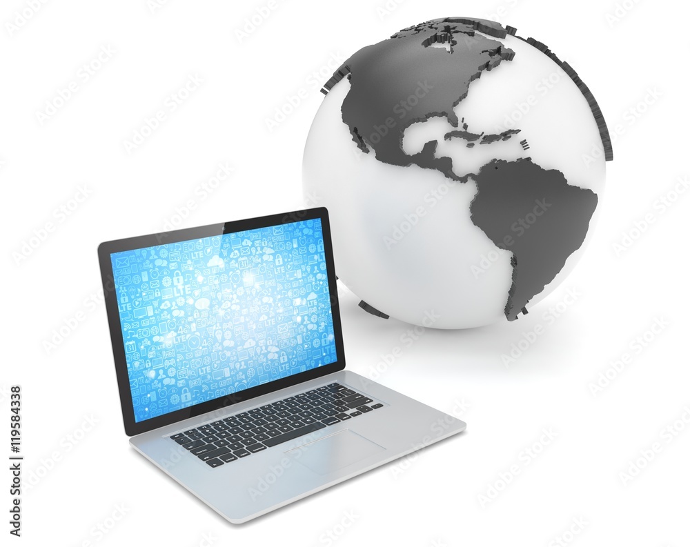 Laptop network and earth globe. 3d render