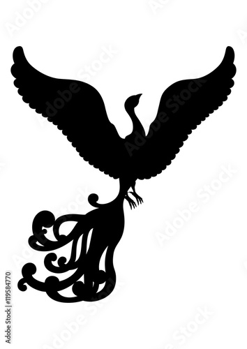 Fantasy bird silhouette.
Illustration fantasy bird with long bizarre tail