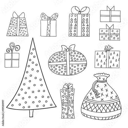 Set of cute cartoon giftboxes, presents and firtree isolated on