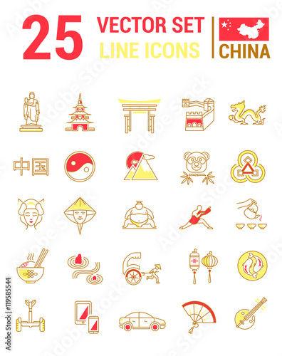 Set vector line icons in flat design with China elements