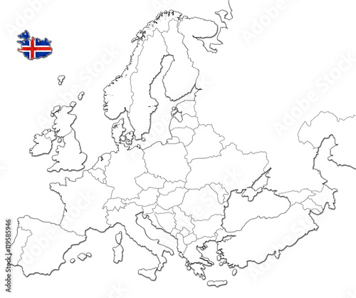 The national Iceland flag in the map of Europe isolated on white background.