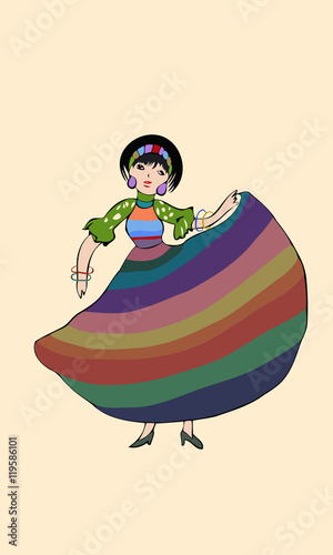 dark haired girl dances passionate dance in wide rainbow dress