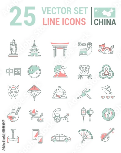 Set vector line icons in flat design with China elements
