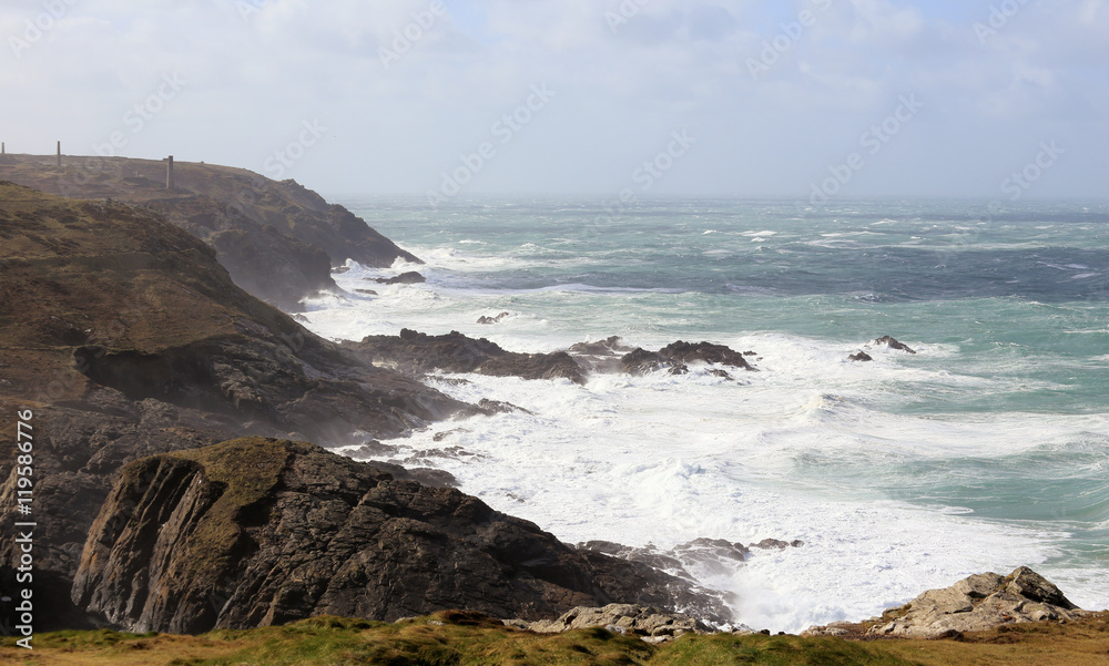 The coast south of Pendeen Watch on a stormy day, Cornwall, England, UK.