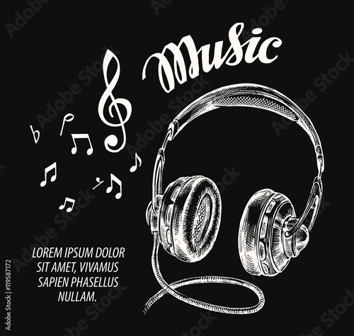 Music. Hand drawn headphones. Vector illustration