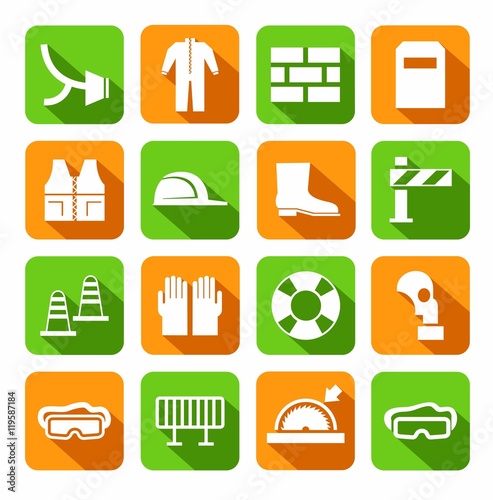 Occupational safety, personal safety, icons, colored, flat. Vector icons with protective clothing and items of human security. White image on green and orange background with shadow.  