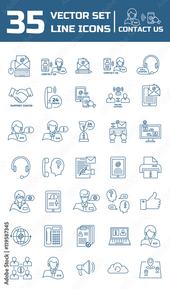 Set vector line icons in flat design with support center element Set vector line icons in flat design with support center element