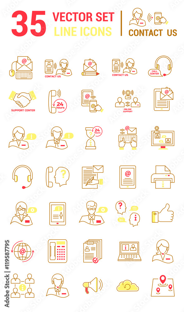 Set vector line icons in flat design with support center element Set vector line icons in flat design with support center element