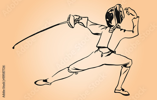 Athlete sketch fencer in attack position on a light background
