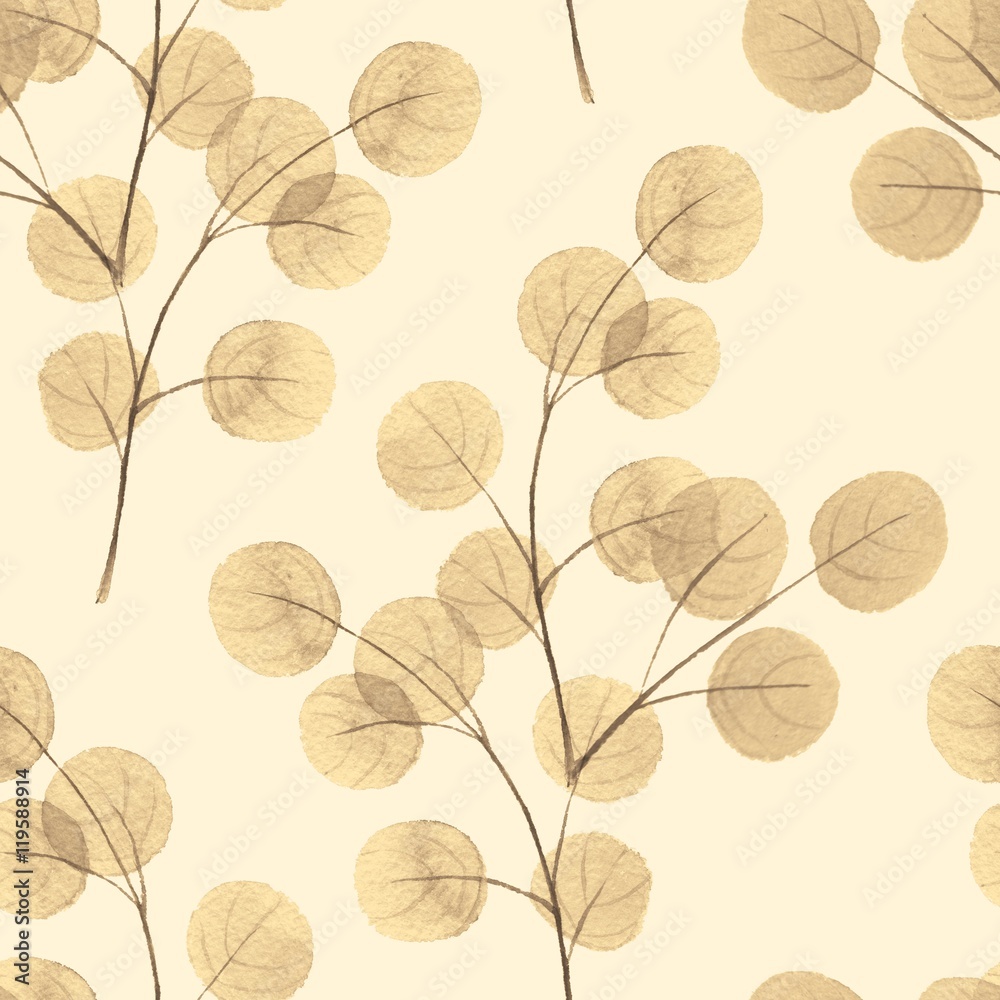 Branches with round leaves. Watercolor background. Seamless pattern 7