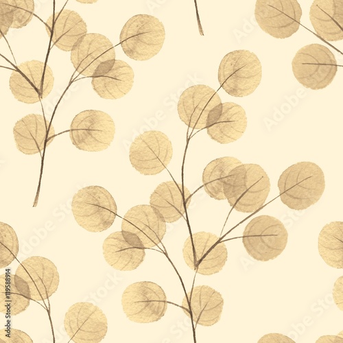 Branches with round leaves. Watercolor background. Seamless pattern 7