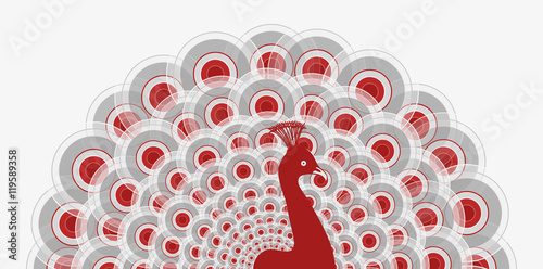 stylized peacock with an open tail in silver and red color palette
