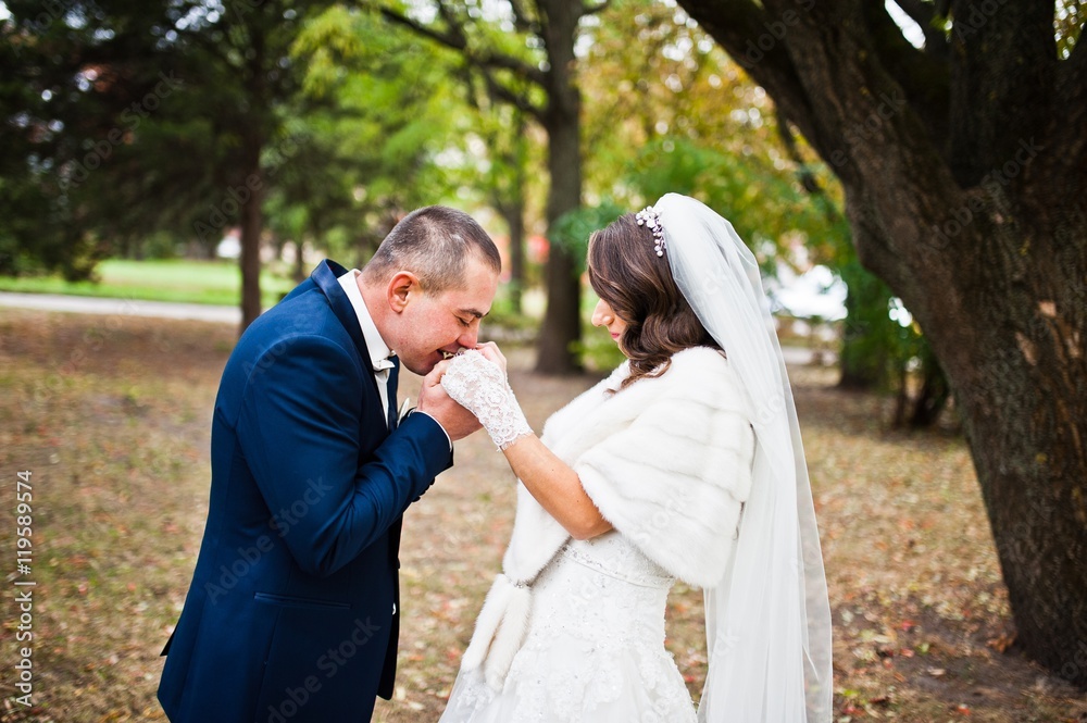 Close up portrait of kissing wedding couple, groom kiss hands of bride