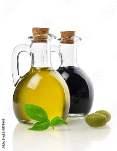 Virgin oil, vinegar, olives and basil