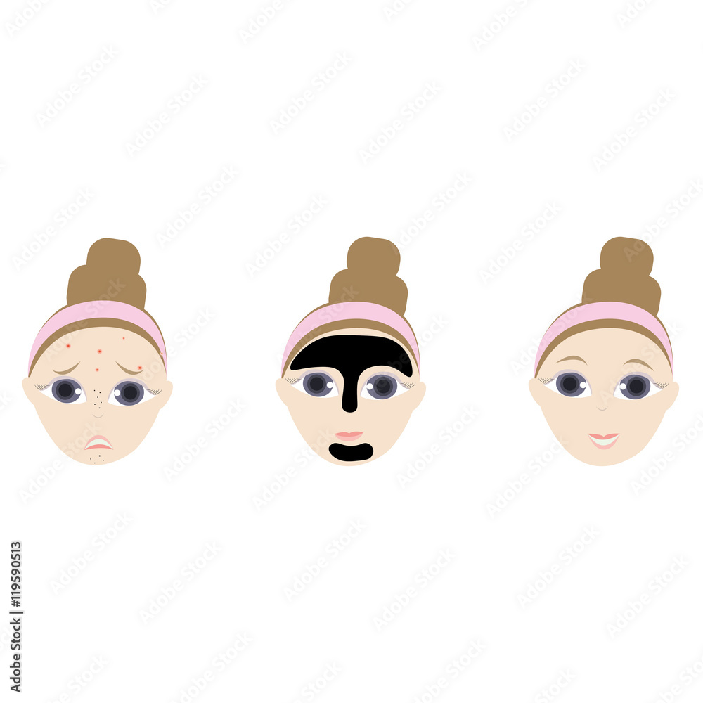 Woman happy with facial black mask beauty on face for spa healthy, illustration vector in flat design Woman happy with facial black mask beauty on face for spa healthy, illustration vector in flat design