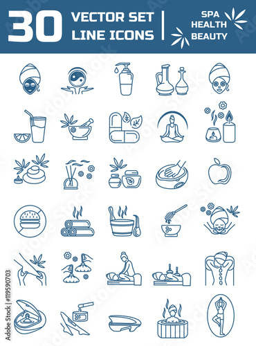 Set of linear icons on the topic of health, beauty, Spa therapy,