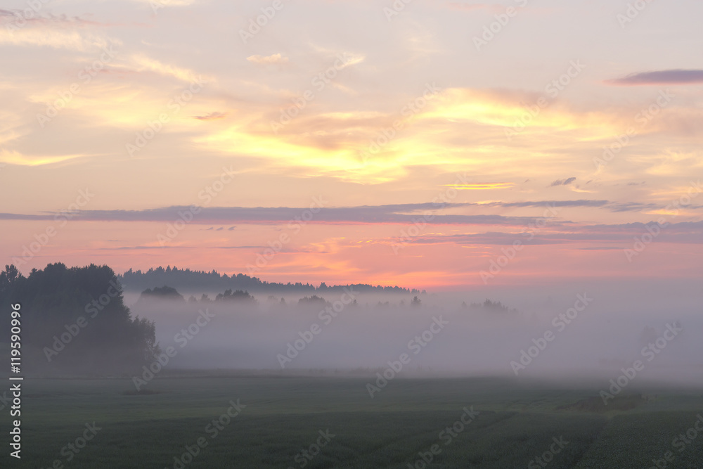 Silent sunset in Finland during late summer night. The fog is covering up the colorful scenery.