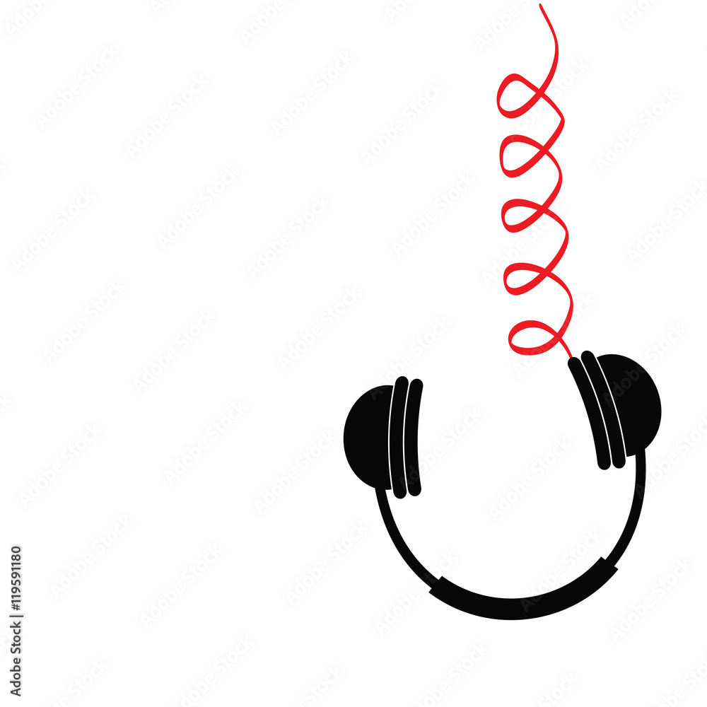 Hanging black headphones with red spring cord. Music card. Flat design. White background. Isolated Hanging black headphones with red spring cord. Music card. Flat design. White background. Isolated