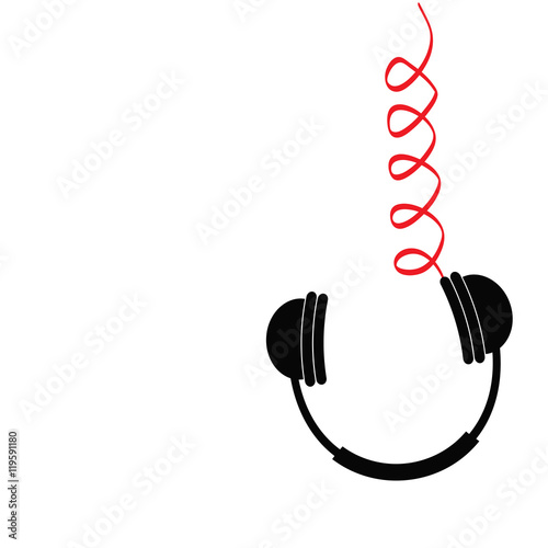 Hanging black headphones with red spring cord. Music card. Flat design. White background. Isolated