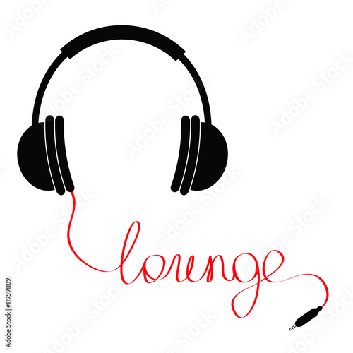 Black headphones with red cord in shape of word lounge. Music card. Flat design icon White background. Isolated