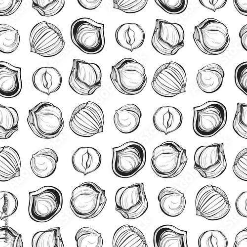 Hazelnuts. Seamless vector pattern. Outline hand drawn illustration