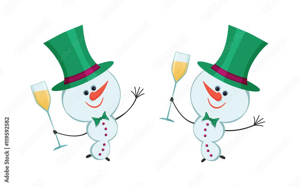 Snowman and a glass of champagne. Green tophat. Snowman and a glass of champagne. Green tophat.