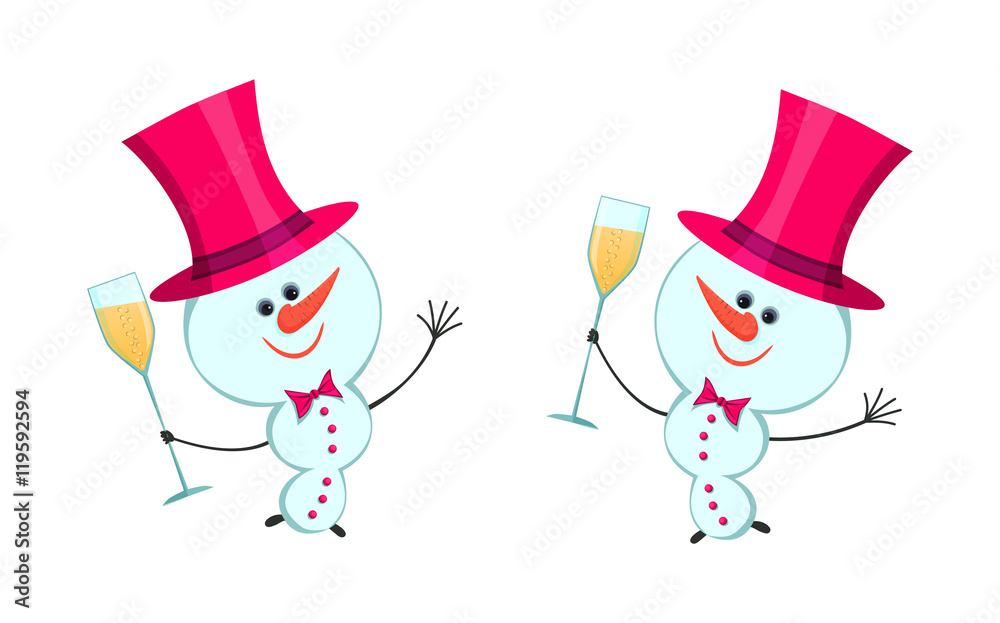Snowman and a glass of champagne. Pink tophat. Snowman and a glass of champagne. Pink tophat.