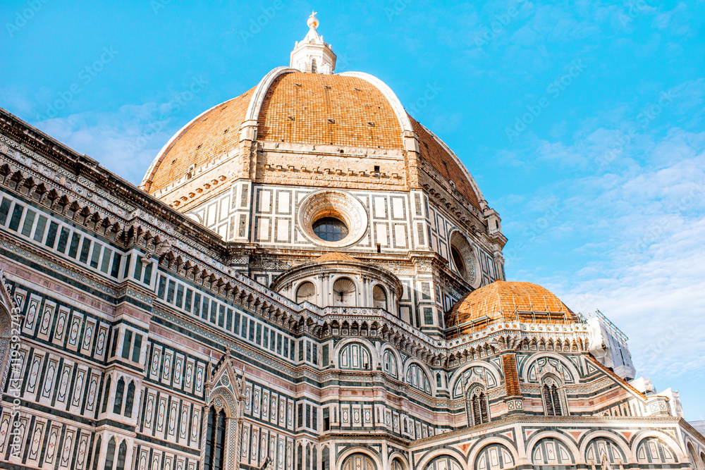 Famous Santa Maria del Fiore cathedral church in Florence. View from below